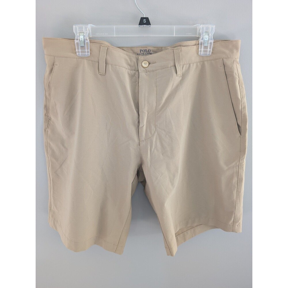 Polo Ralph Lauren Mens Khaki Shorts Sz 33 Beige Blue Pony Logo Polyester Stretch